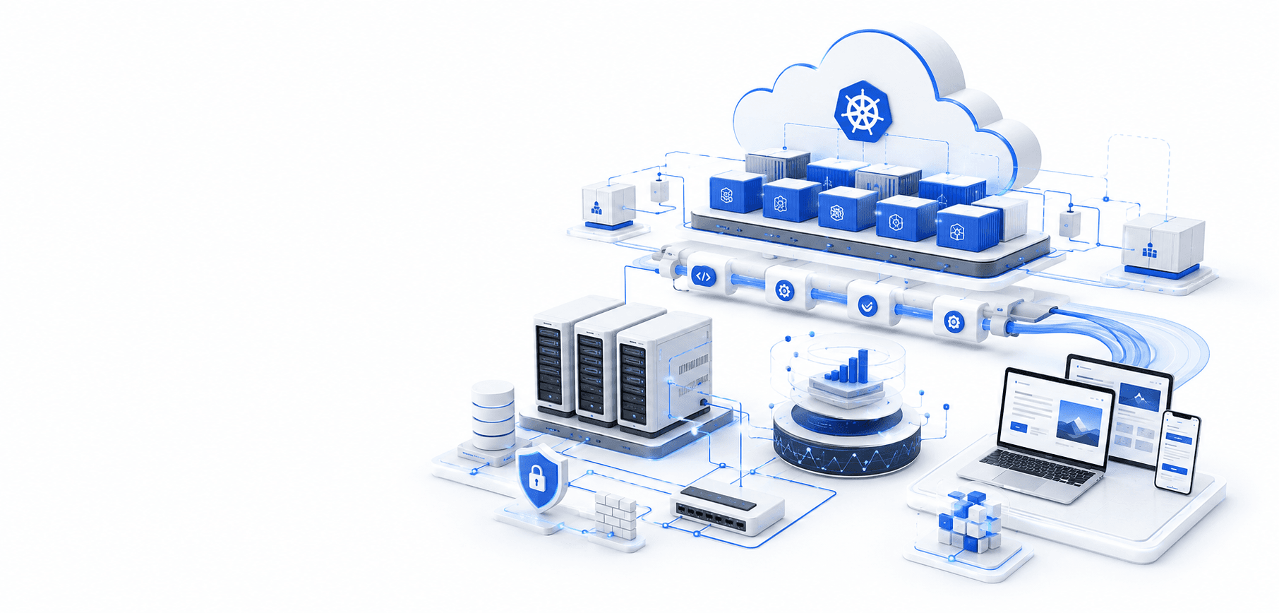 Illustration of a Kubernetes-based cloud platform with CI/CD pipeline, servers, security, and monitoring dashboards across devices